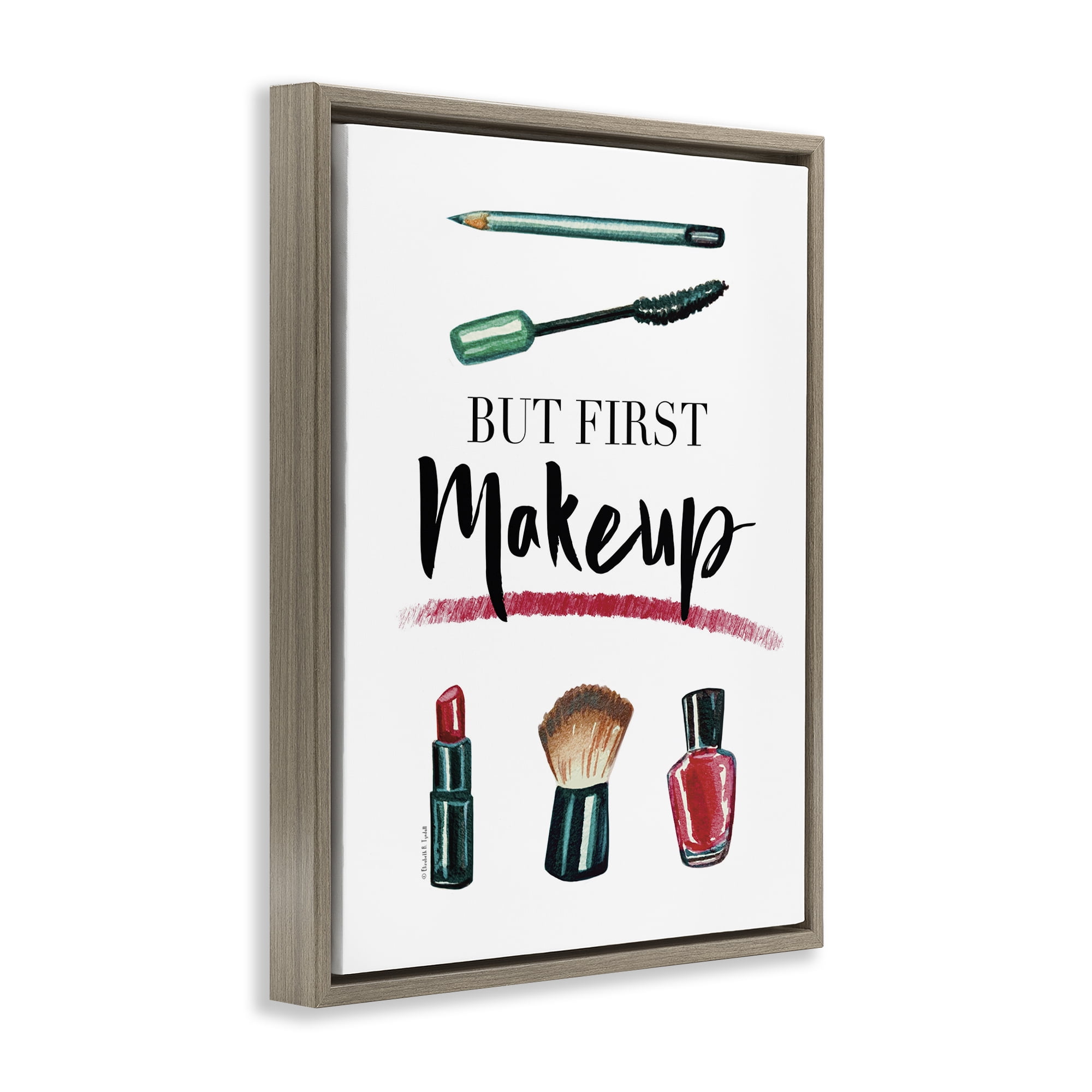 Stupell Industries But First Makeup Beauty & Fashion Painting Brown Floater Framed Art Print Wall Art, 17 x 21