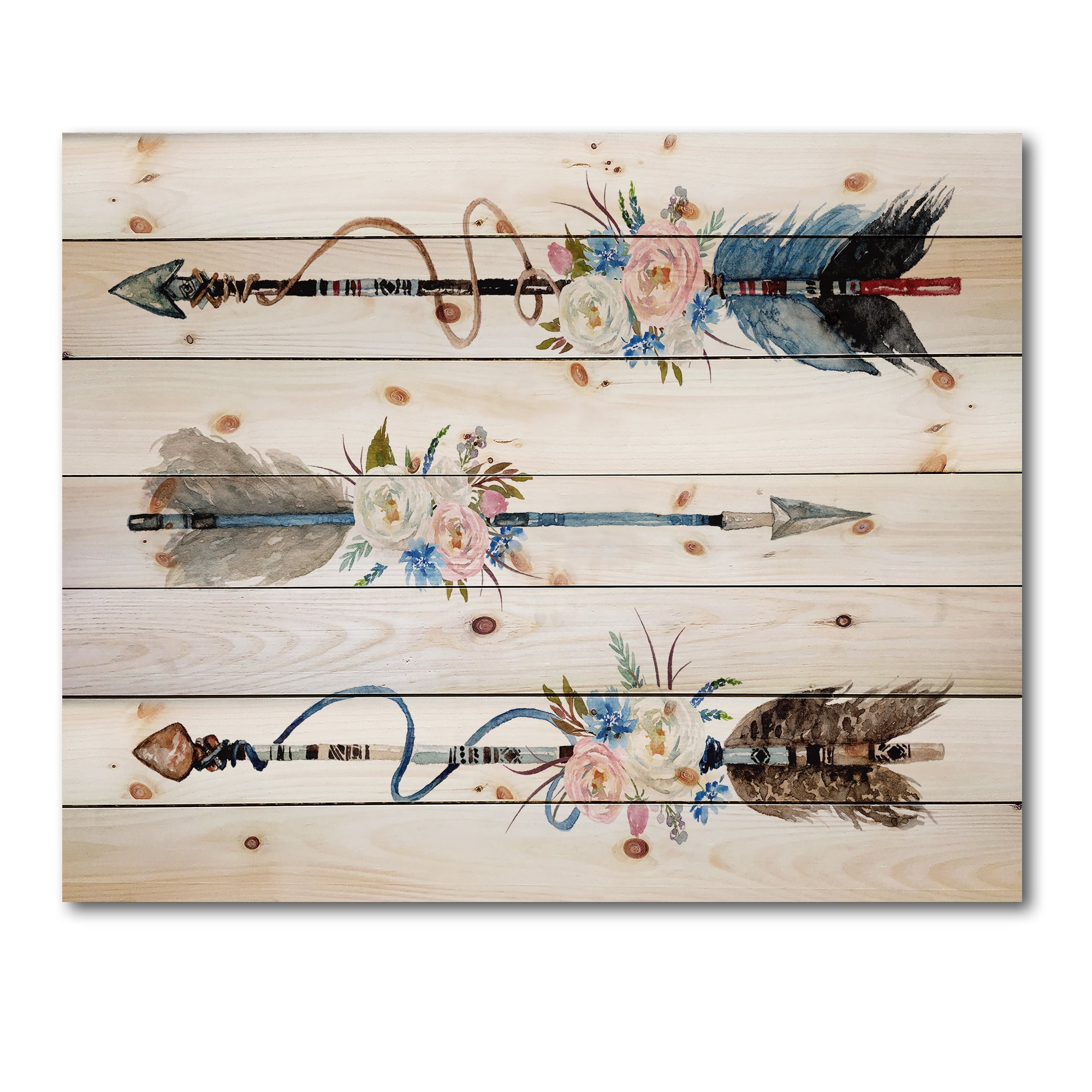 Designart 'Flowers and Ethnic Feathers On Native Arrows I' Bohemian & Eclectic Print on Natural Pine Wood