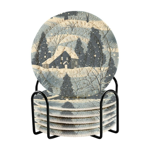 Snow House Tree Coasters with Holder for Coffee Table 6 Pcs Drink Coaster Sets Absorbent for Home Decor 4 inch