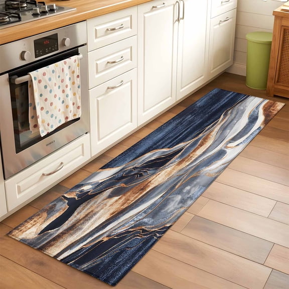 2'x6' Rug Runners for Hallways Kitchen, Orange Navy Blue Non Slip Entryway Beside Floor Carpet Runner, Marble Stone Abstract Art Washable Laundry Room Bedroom Throw Rugs Mat for Family Pet