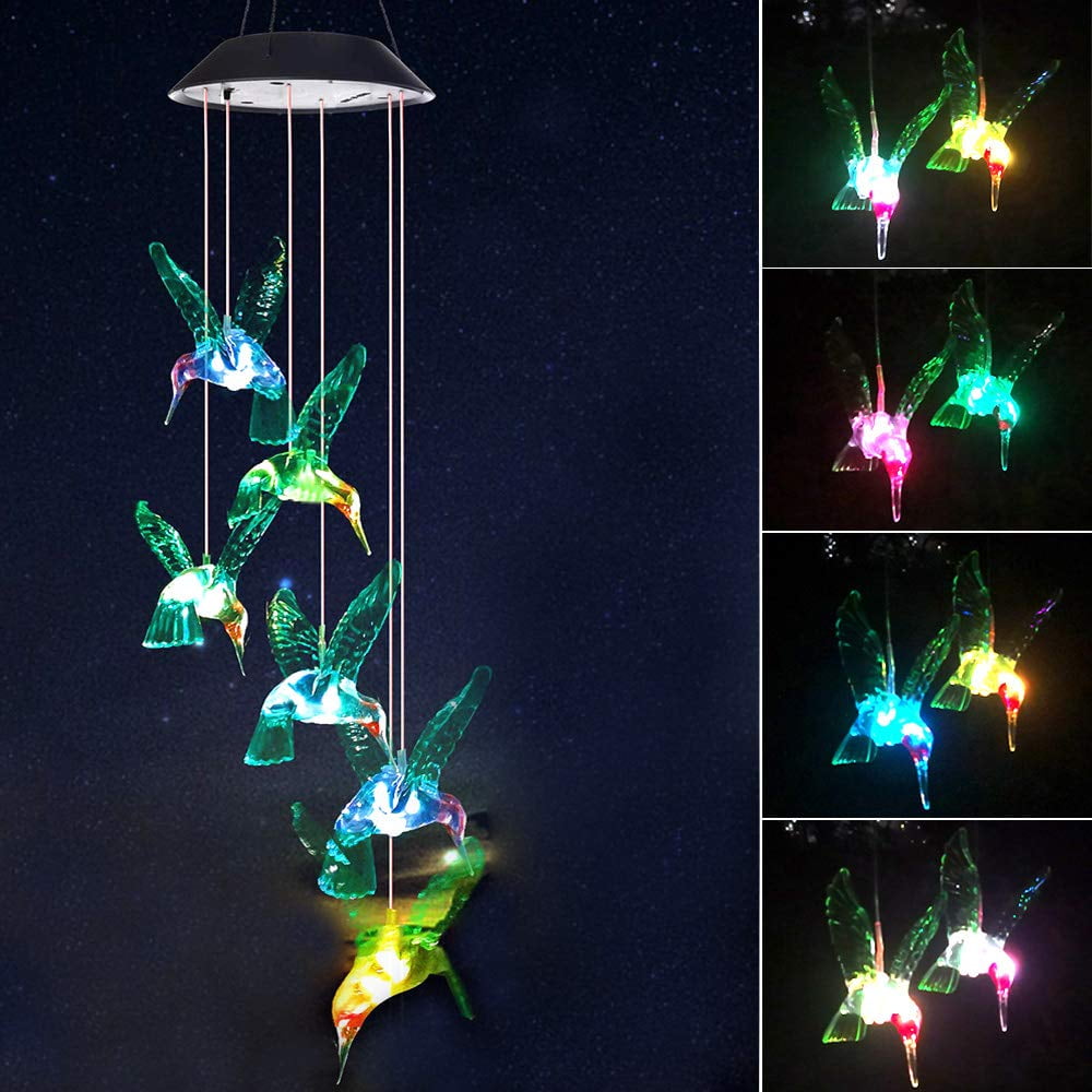 Color-Changing LED Solar Powered Hummingbird Wind Chime Hanging Light Yard Decor 