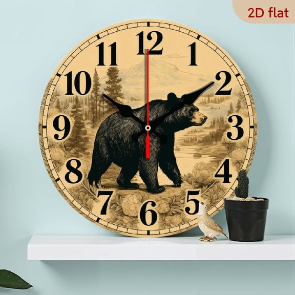 A 10-inch 2D flat "Walking Black Bear" themed wooden circular wall clock, suitable for decoration in bedrooms, living rooms and offices. It is an ideal gift for Christmas and New Year.