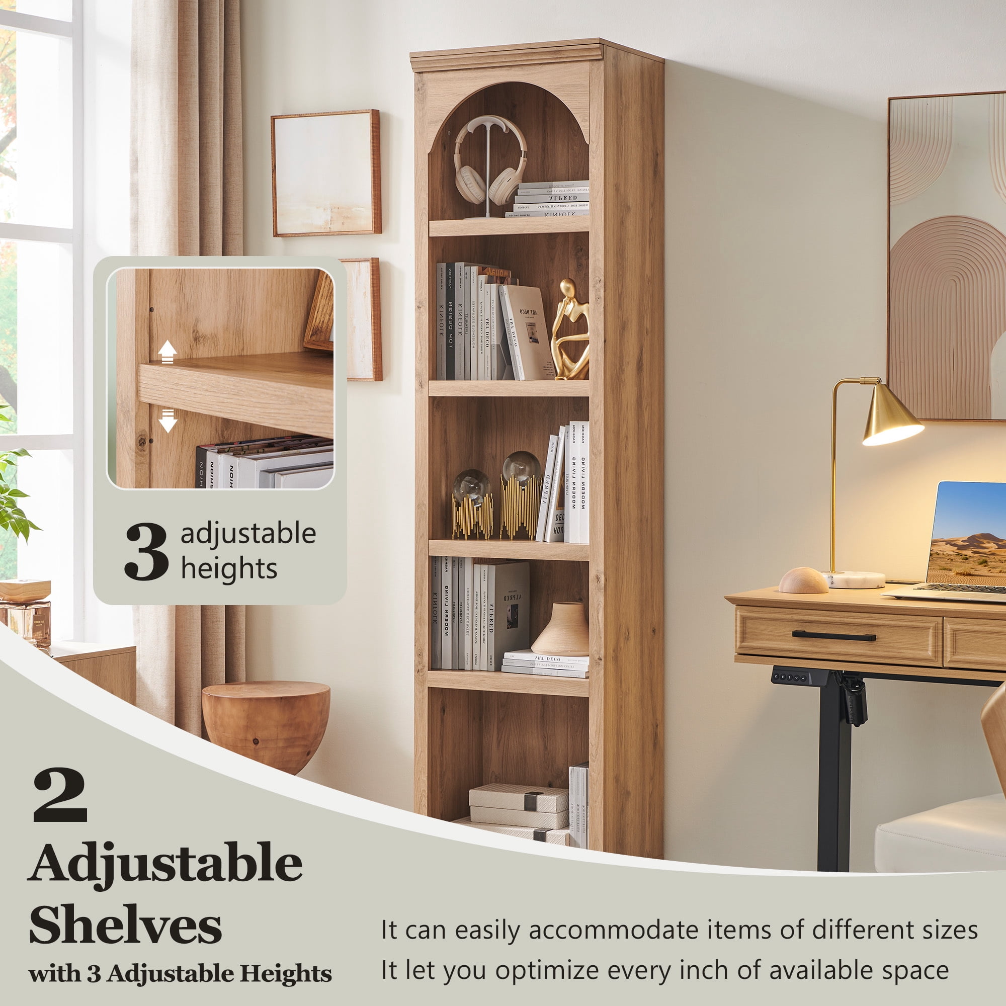 SinCiDo Tall Arched Bookcase, 5-Tier Narrow Bookshelf with Open Display Shelves for Living Room, Natural
