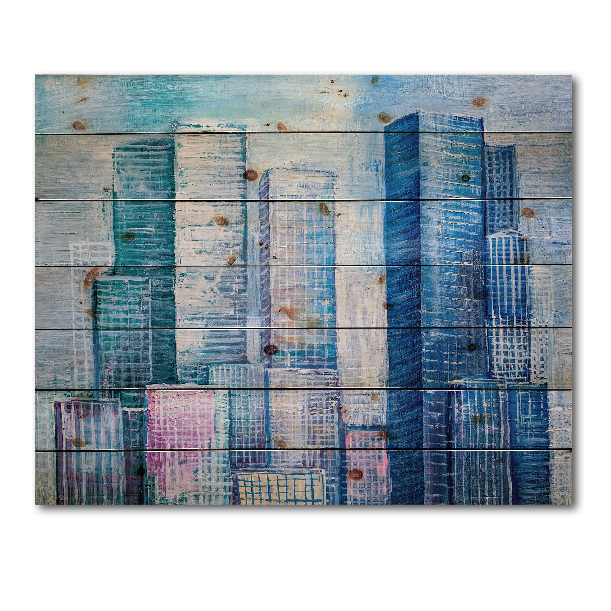 Designart 'Abstract Style Cityscape Panorama Skyscrapers I' Modern Print on Natural Pine Wood