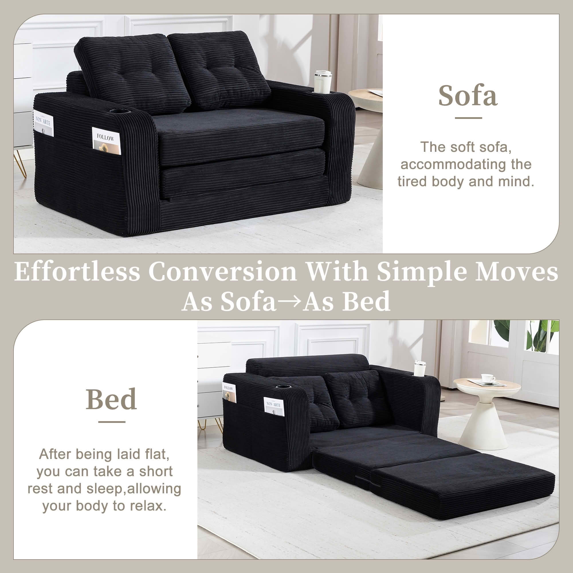MAYEERTY 2-in-1 Convertible Expandable Sofa Bed, Fold Out Corduroy Floor Couch with Pillows, Side Pockets & Cup Holders for Bedroom Small Living Room