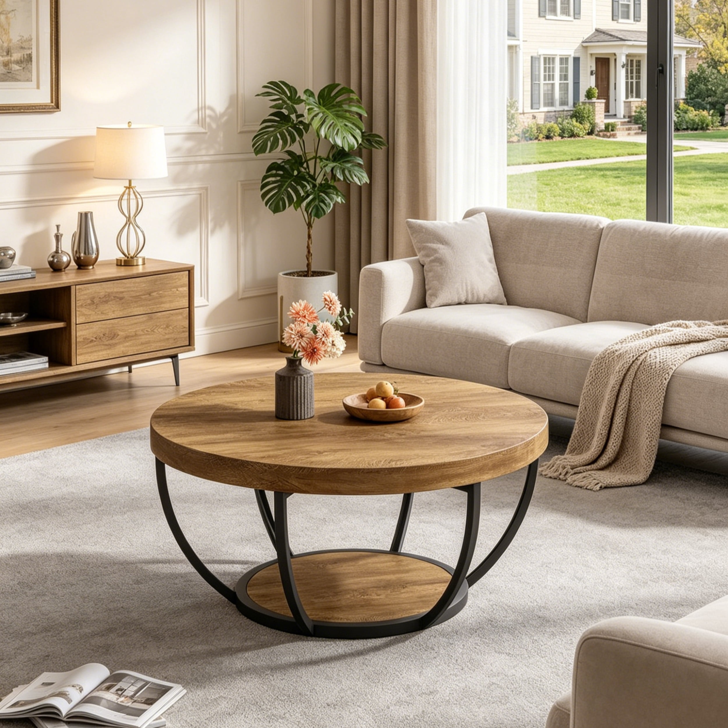 Fnova Coffee Table with 2 - Tier Storage, 32" Round Wood Coffee Table with Metal Legs, Modern Rustic Style Center Table for Living Room, Light Brown and Black