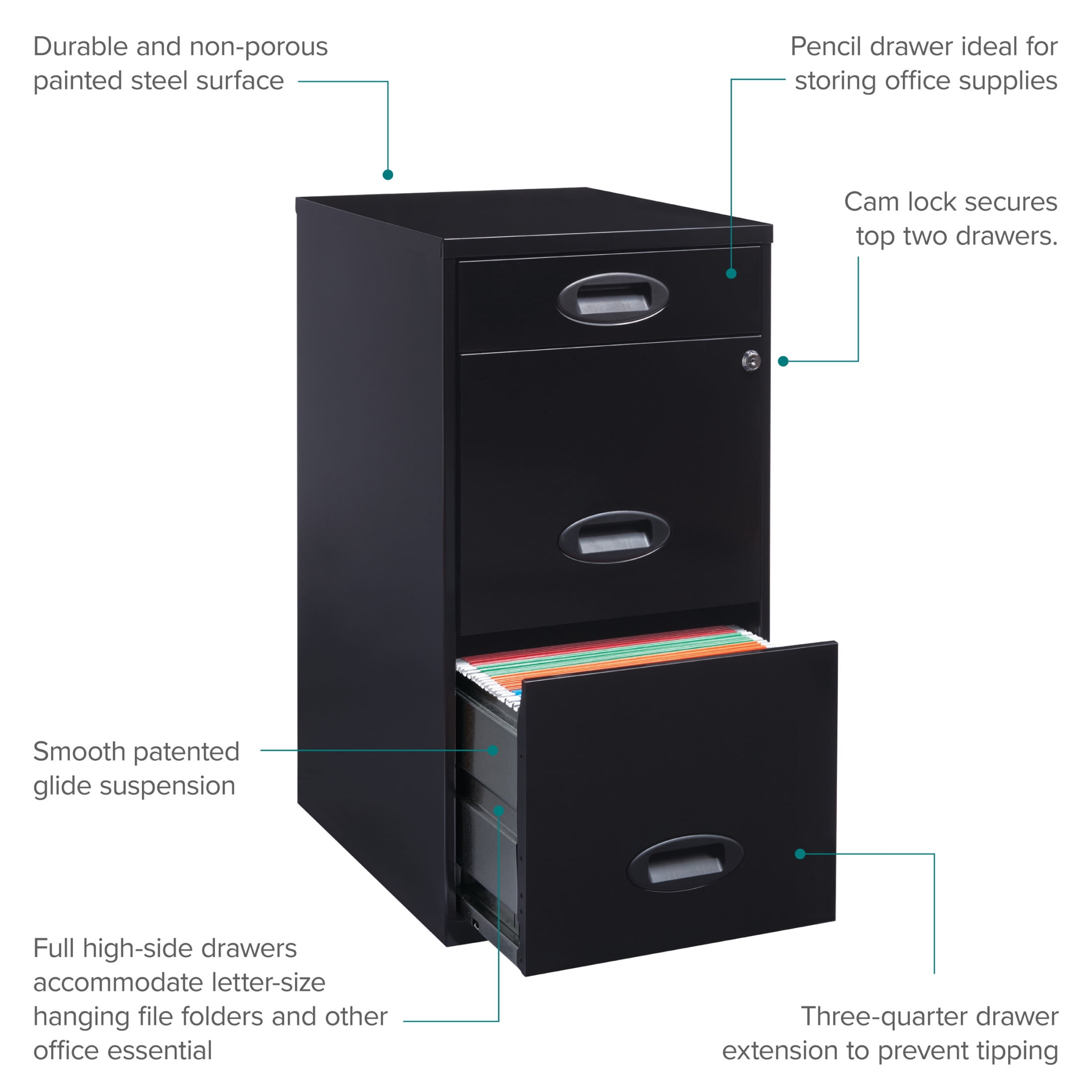 Space Solutions 3 Drawer Letter Width Vertical File Cabinet with Pencil Drawer, Black