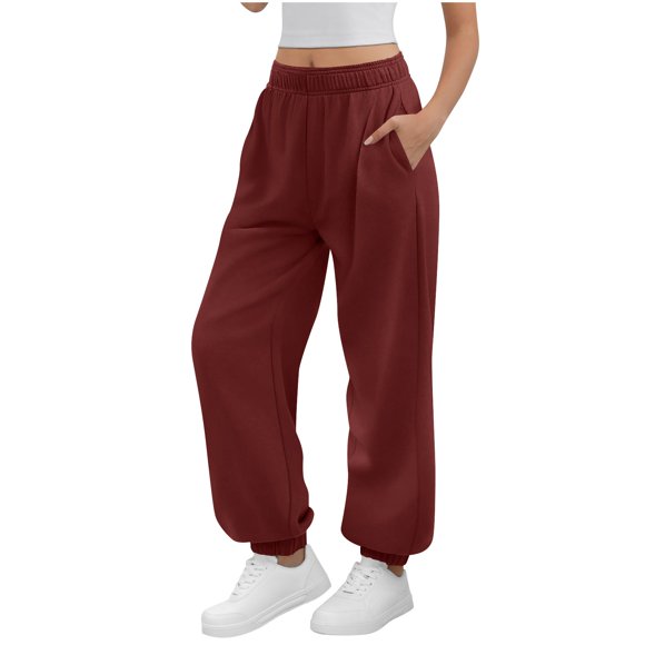 VINUSLI Trousers Pants Women Baggy Loose Elastic Waist Pant Trendy Solid Pull On Casual Jogger Trouser with Pockets Red,L