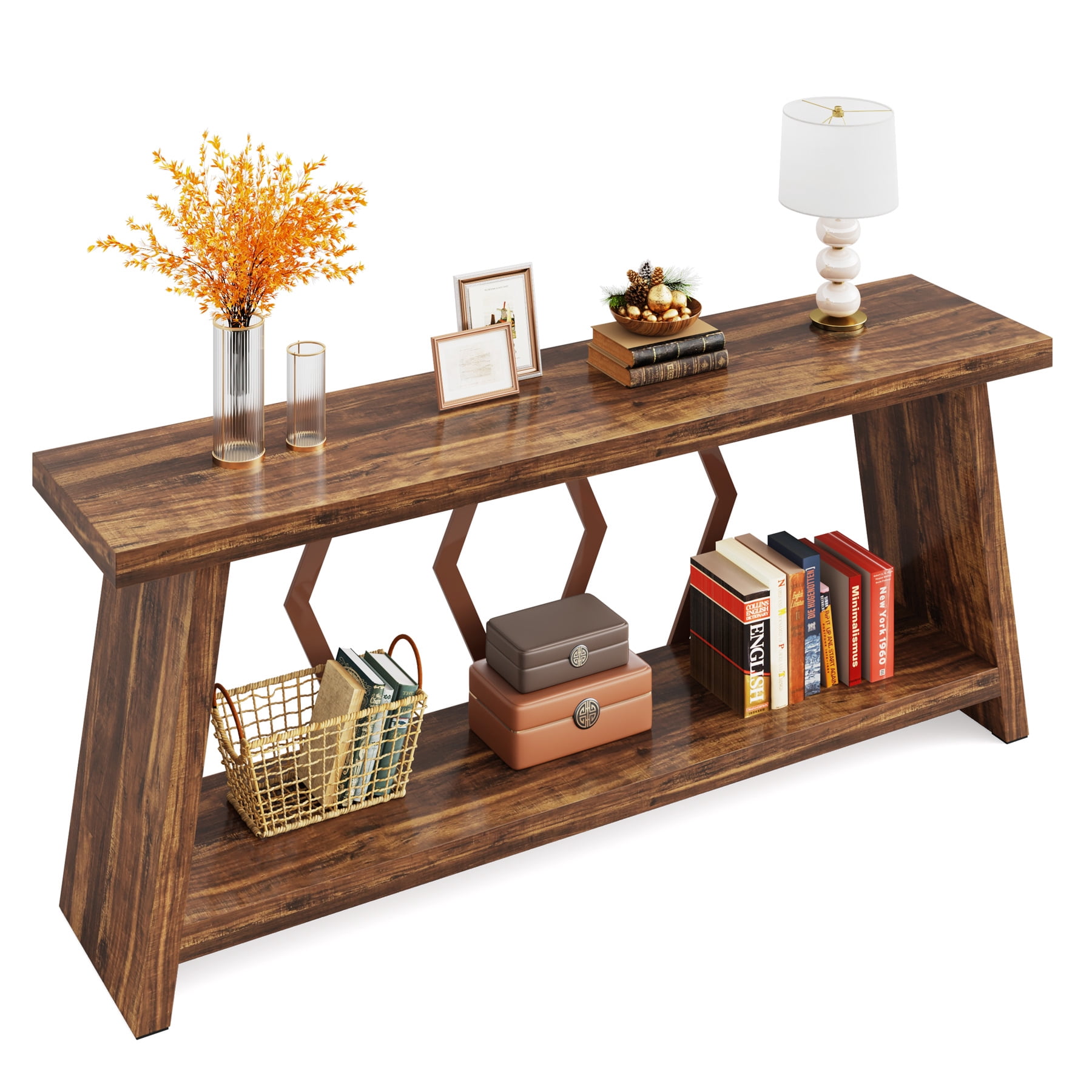 Fnova 70.86" Farmhouse Console Table for Entryway, 2-Tier Storage Long Narrow Wood Entryway Sofa Table, Easy Assembly, for Living Room Staircase Hallway Decor