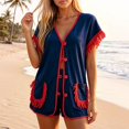 thumbnail image 2 of Likimi 2 Piece Sets For Women With Tassels Shorts Sleeve V Neck Solid Color Pocket Top With High Waist Shorts Summer Breathable Soft Outfit Set Purple Size L, 2 of 5