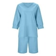 thumbnail image 4 of WAYUTE Short Sets Women 2 Piece Outfits Casual Solid Color V Neck Loose Fit Top and Knee Length Belted Shorts Set Thin Breathable Streetwear, 4 of 7