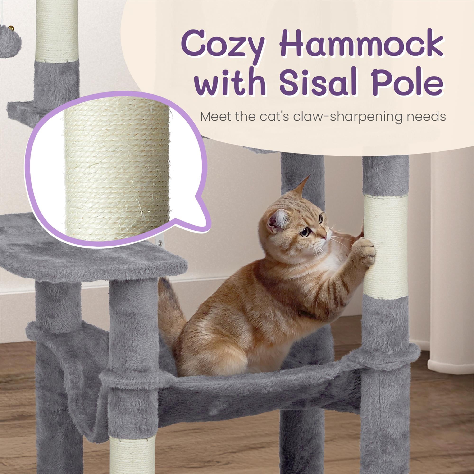 Kadyn 58" Cat Tree Tower for Indoor Cats, Cat House with Padded Platform Bed, Toy Balls, Large Cozy Condo, Hammocks and Sisal Scratching Posts, Light Gray