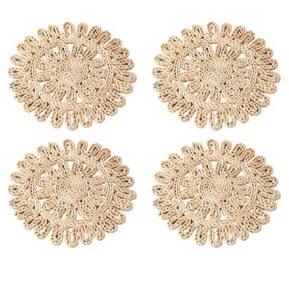 4 Pcs Round Corn Bran Placemats, 14.2 in / 36 cm Boho Woven Table Mats, Natural Farmhouse Plate Charger, Handmade Rustic Wicker Placemat for Dining Tables, Heat Resistant Hot Pot Pad, Light Brown