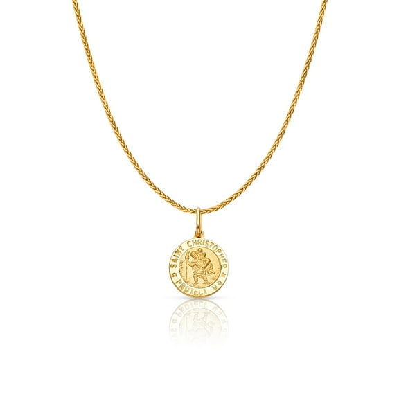Ioka-14K Yellow Gold St. Christopher Protect Us Charm Pendant with 1.1mm Wheat Chain Necklace - 16"