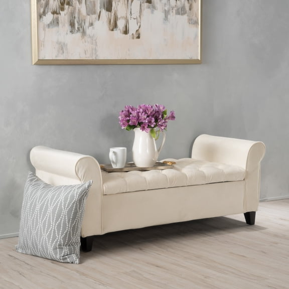 Ivory Fabric Storage Bench with Rolled Arms Button Tufted Design Black Legs 38 Seat Width for Living Room Bedroom Entryway