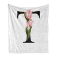 thumbnail image 1 of Letter T Soft Flannel Fleece Blanket, Spring Garden Alphabet Font Types Soft Pink Tulip Flowers and Letter T, Cozy Plush for Indoor and Outdoor Use, 70" x 90", Pale Pink Green Black, by Ambesonne, 1 of 6