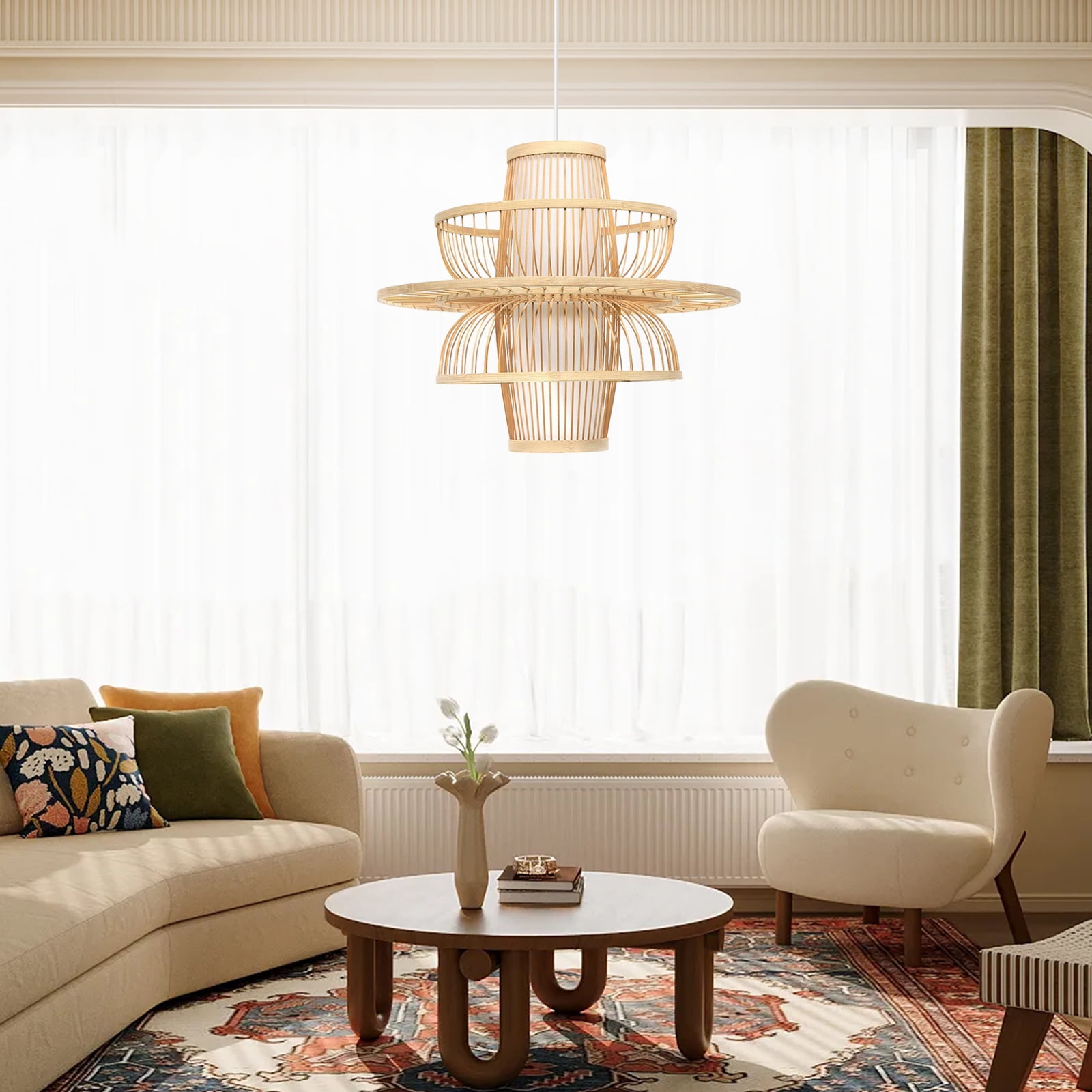 Arturesthome Vintage Bamboo Wicker Rattan Chandelier Lantern Pendant Light Hanging Ceiling Lamp Fixture