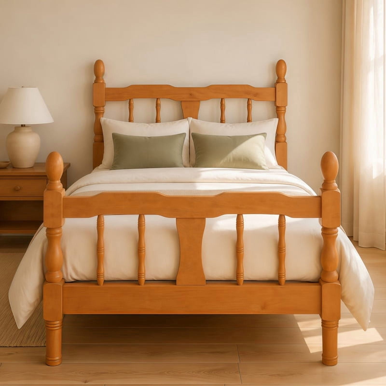 Euroco Wood Twin Size Platform Bed Frame, Classic Farmhouse Bed Frame with Spindle Headboard, Walnut