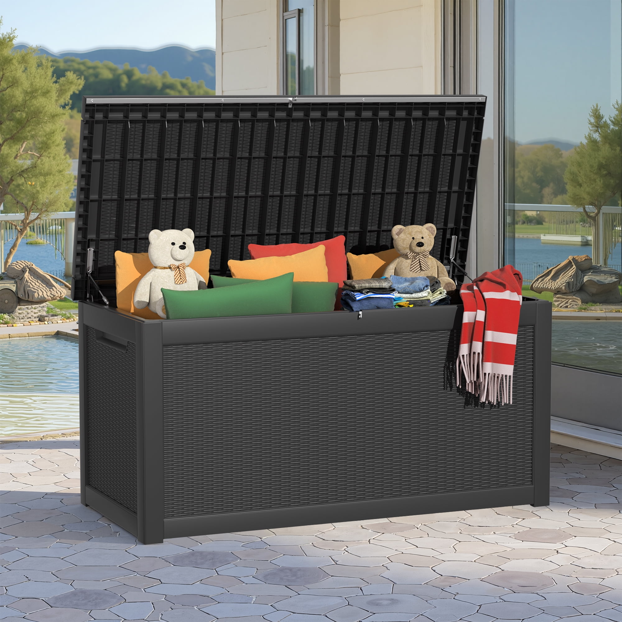 MAYEERTY 260 Gallon Outdoor Deck Box, Large Capacity Storage Box for Patio Furniture Cushions, Pillow with Wheels, Black