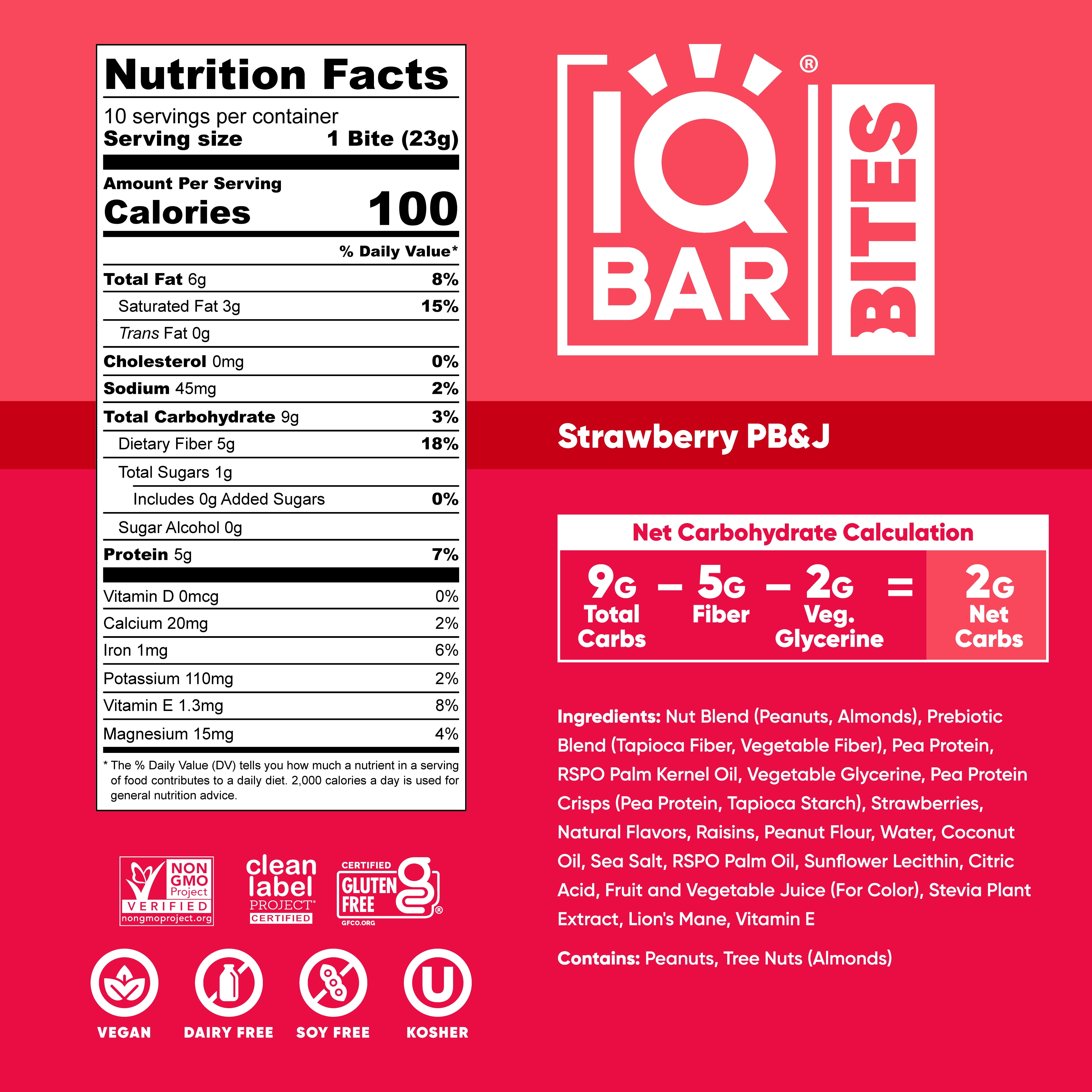 IQBAR Bites Strawberry 10 Count - High Protein, High Fiber, Low Sugar Snack - Clean Label Project Certified