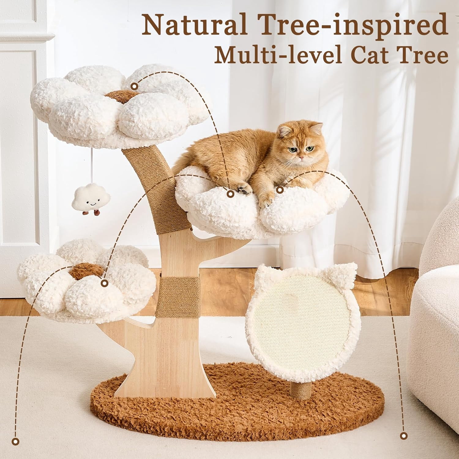Modern Cat Tree Tower for Indoor Cats Large Adult, 37 inch Flower Cat Tree with Scratching Post, Luxury Aesthetic Cat Tree with Cloud-Soft Flower Perches and Physical Mouse-Sound Hanging Toy