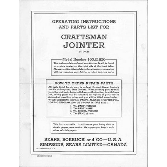 1950s Craftsman 103.21820 4-3/8" Jointer Form 29949 w/additional parts & info REPRINT