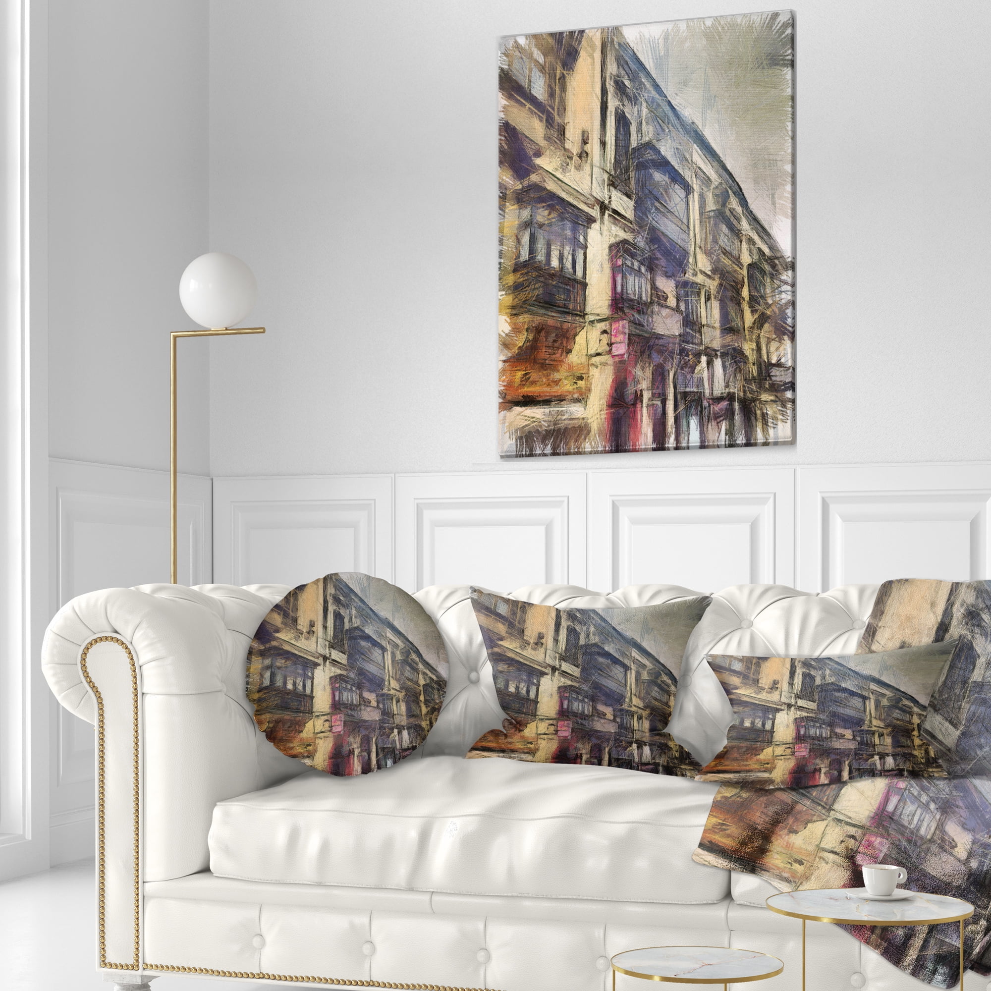 Designart Old City Street Watercolor Painting - Cityscape Throw Pillow - 12x20