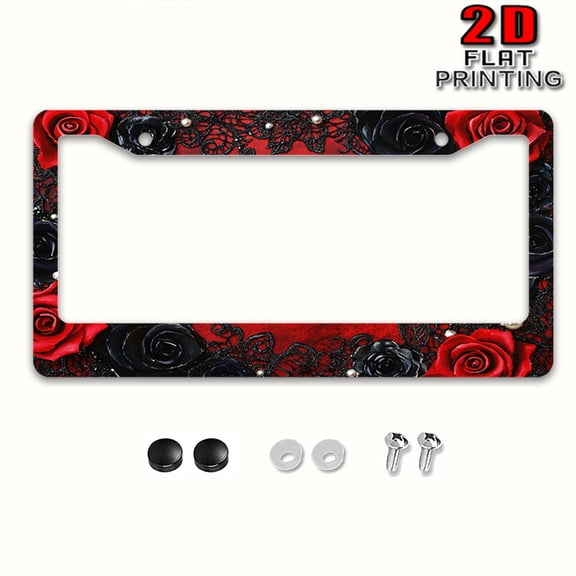 1pc Red and Black Rose Aluminum License Plate Frame | 2D Flat Printing, 6.3x12.2inch, Perfect for Car Decoration, Durable, Universally Applicable for All Car Models, License Plate Decoration