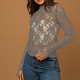 thumbnail image 6 of VBVC Women's Long Sleeve Lace Mesh Sheer Top,Ladies High Neck See-Through Floral Blouse,Slim Fit Party Clubwear Crop Top for Women,Gray,S-XL, 6 of 7