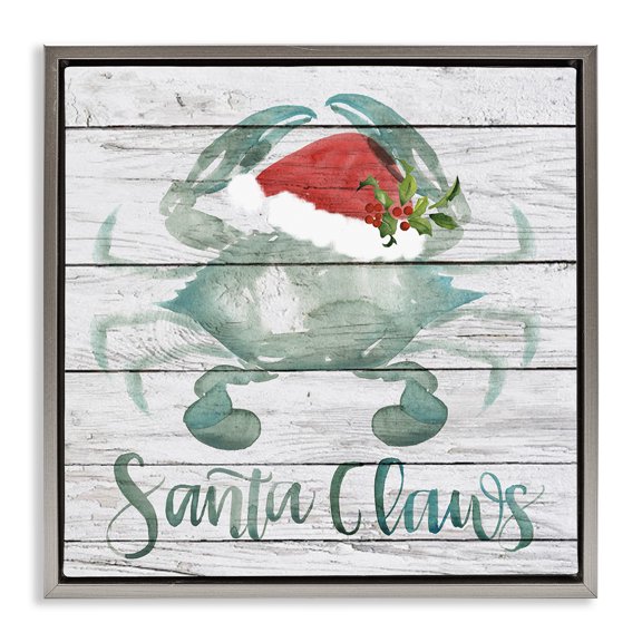 Stupell Industries Blue Crab Nautical Christmas Pun Nature Painting Gray Floater Framed Canvas Art Print Wall Art, 18 x 18