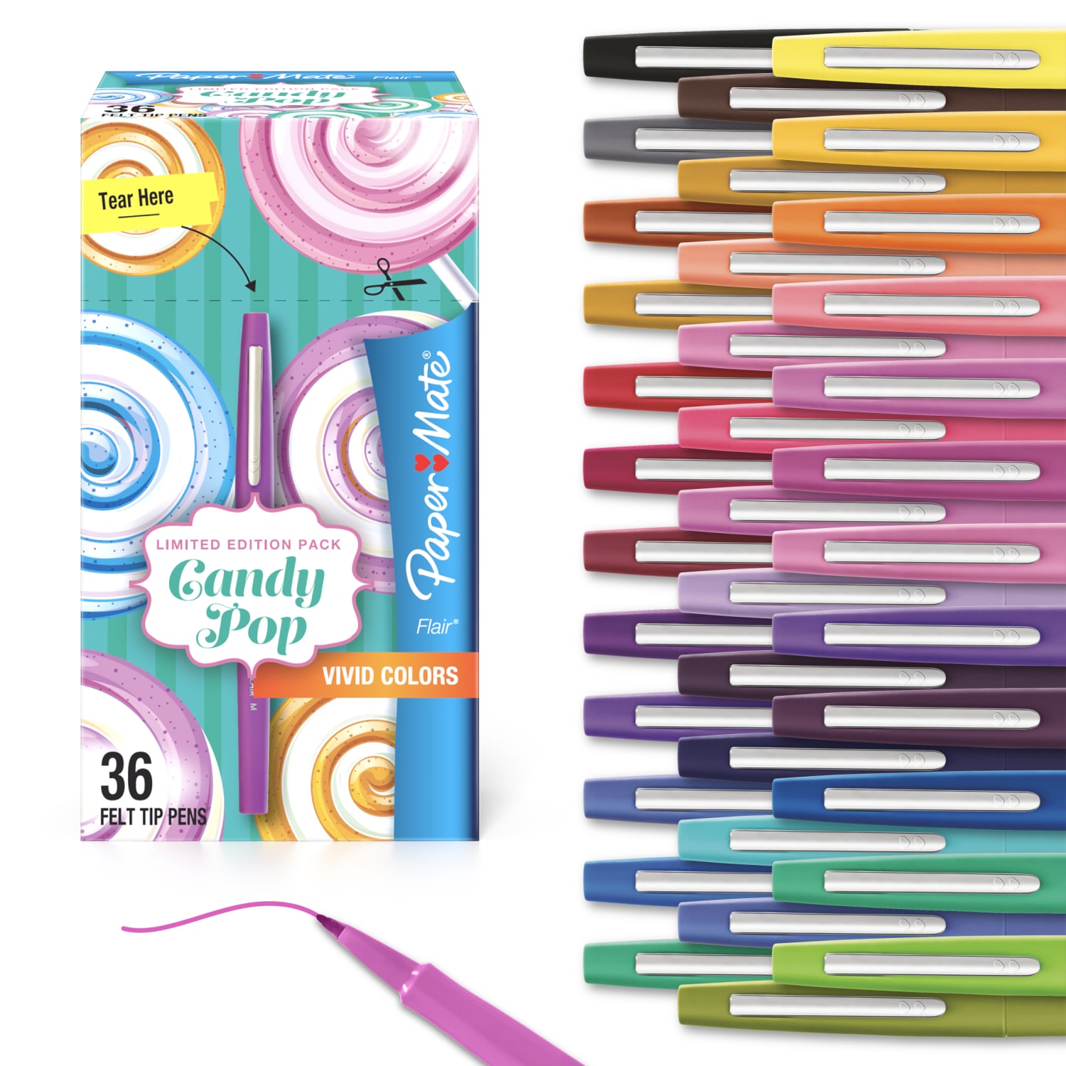 Paper Mate Flair Felt Tip Pens, #1 Teacher Choice, Medium Point, Limited Edition Candy Pop Pack, 36 Count