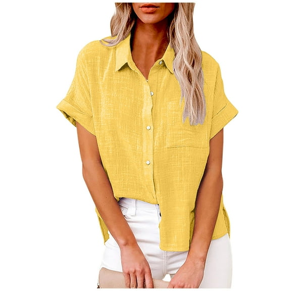 gakvbuo Summer Button-Up Shirts for women Button Down Tops Women Turndown Neck Short Sleeve Linen T-Shirt Casual Loose Work Tunic Blouse Top