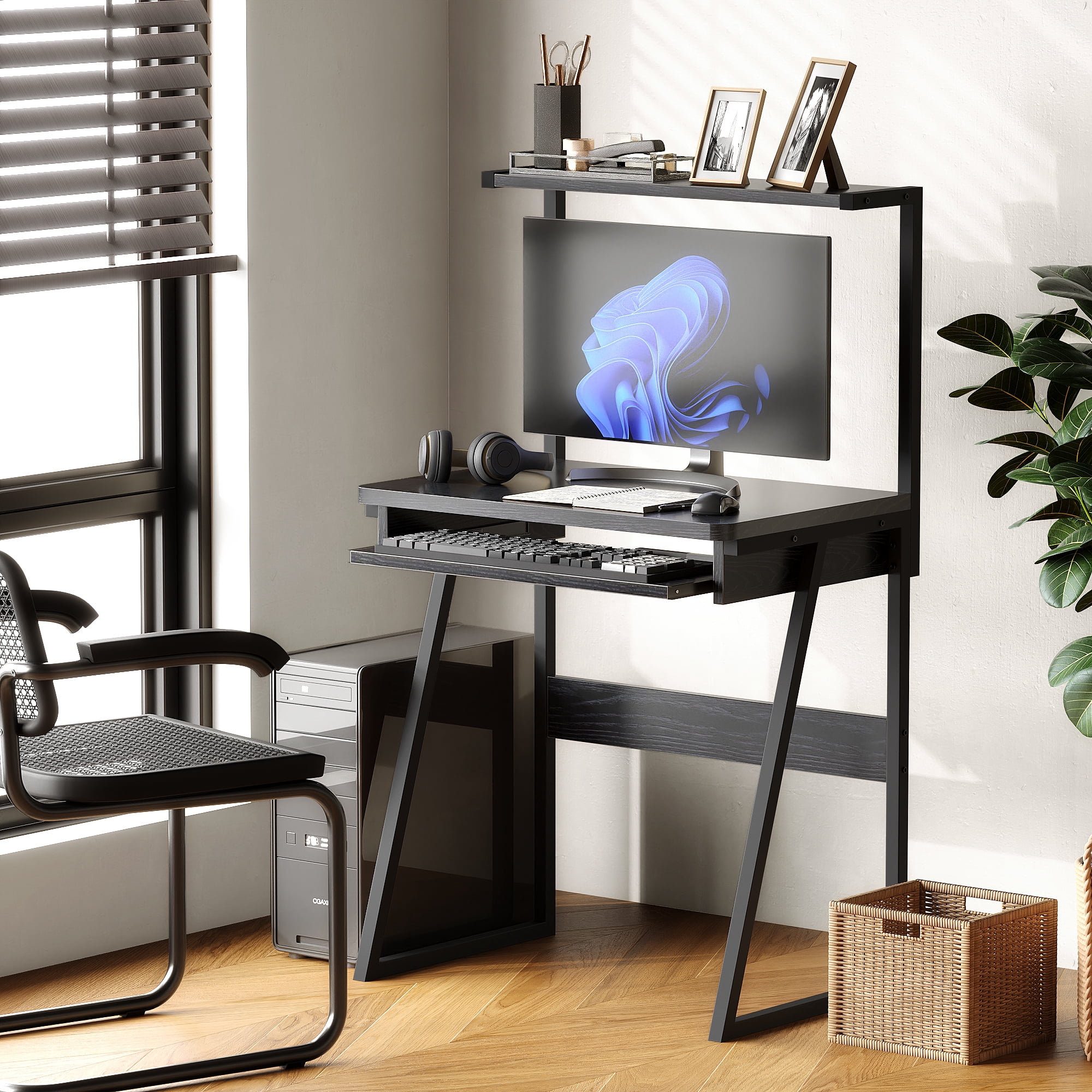 NEWSENDY 2 Tiers Small Computer Desk for Small Space, Compact Laptop Table Workstation with Keyboard Tray, Study PC Table for Home Office, Black