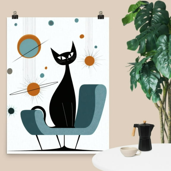 MSFCON Atomic Black Cat in Midcentury Chair – Retro Wall Art Print
