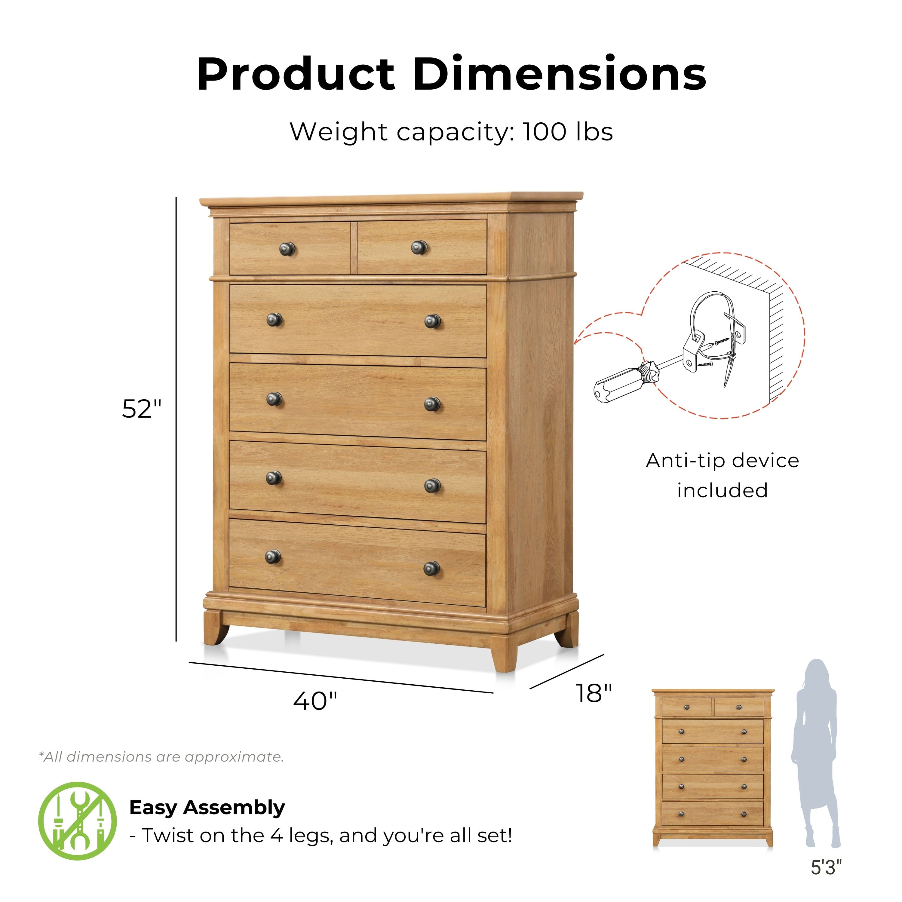 Furniture of America Stratford 5-Drawer Solid Wood Bedroom Chest, Natural Oak