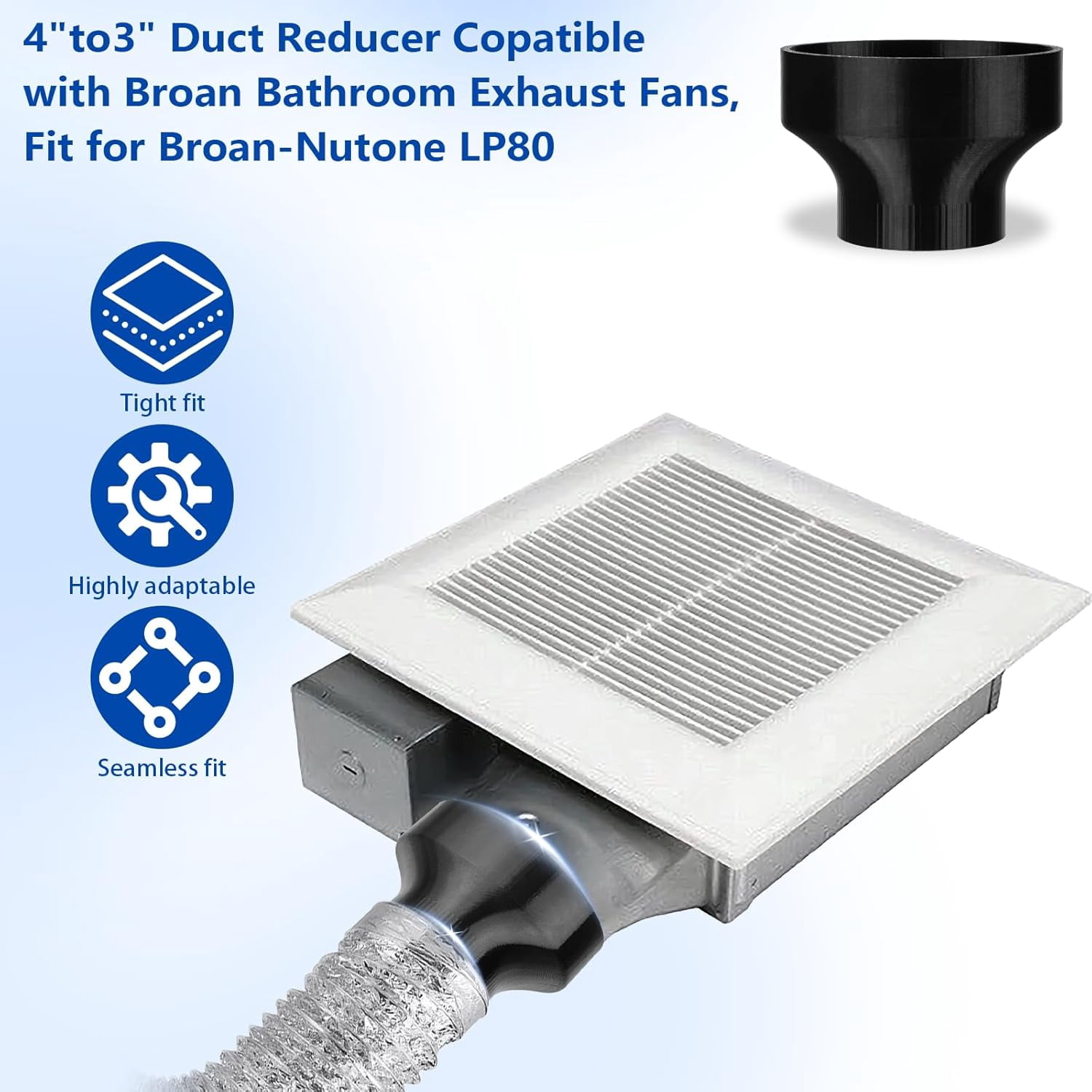 4-Inch Oval to 3-Inch Round Duct for Panasonic Exhaust Fan Adapter, Vent Reducer Connector for Bathroom Ventilation, Easy Installation (Black)