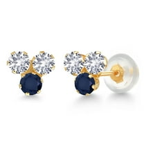 Gem Stone King 14K Yellow Gold White Created Sapphire and Blue Sapphire Three Stone Stud Earrings for Women (0.82 Cttw, Gemstone September Birthstone, Round 3MM)