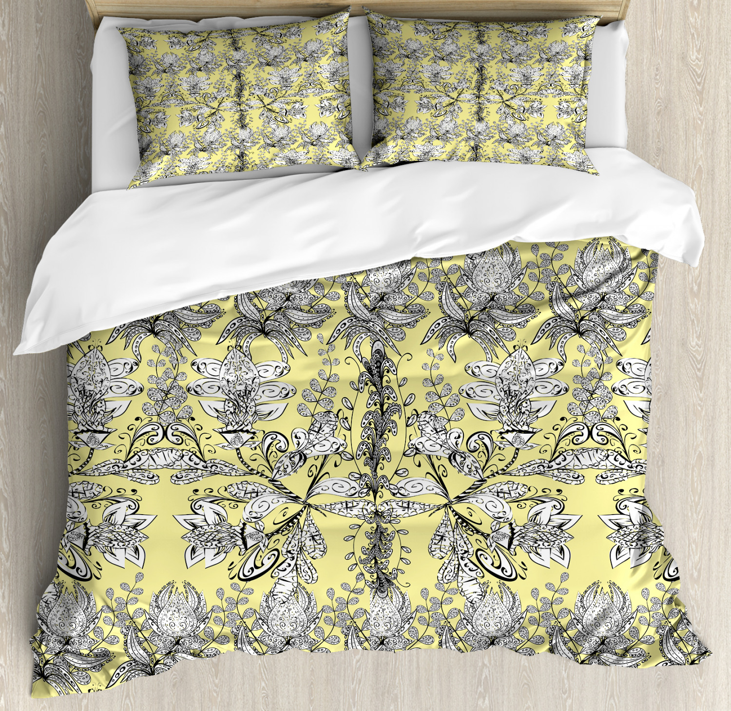 Grey and Yellow Duvet Cover Set, Ethnic Tribal Bohem Design with