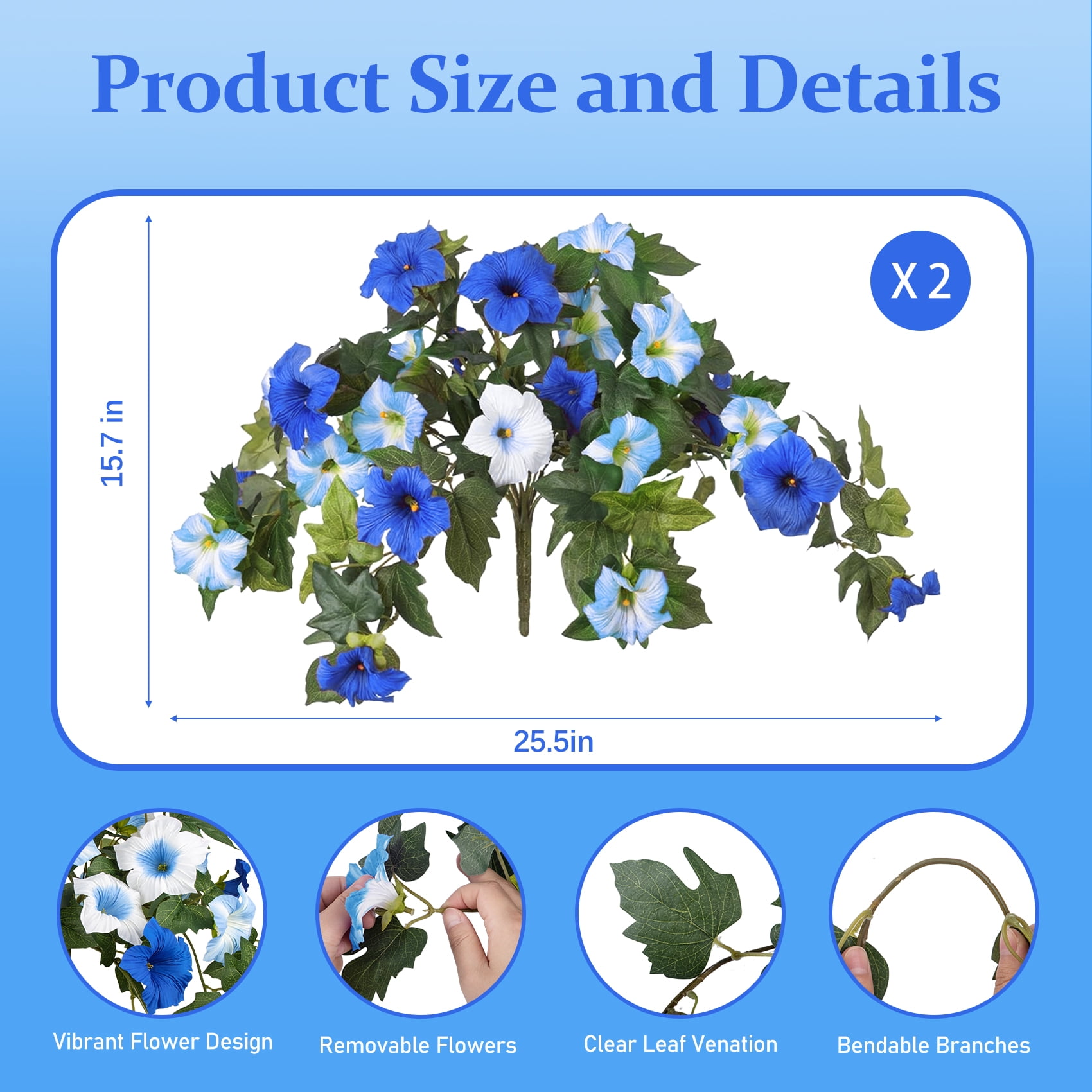 Scidweet Fake Artificial Flowers for Outdoor, 2Pcs Faux Petunias Silk Flowers Plants for Home Outside Garden Balcony Yard Front Porch Indoor Decor, Blue White