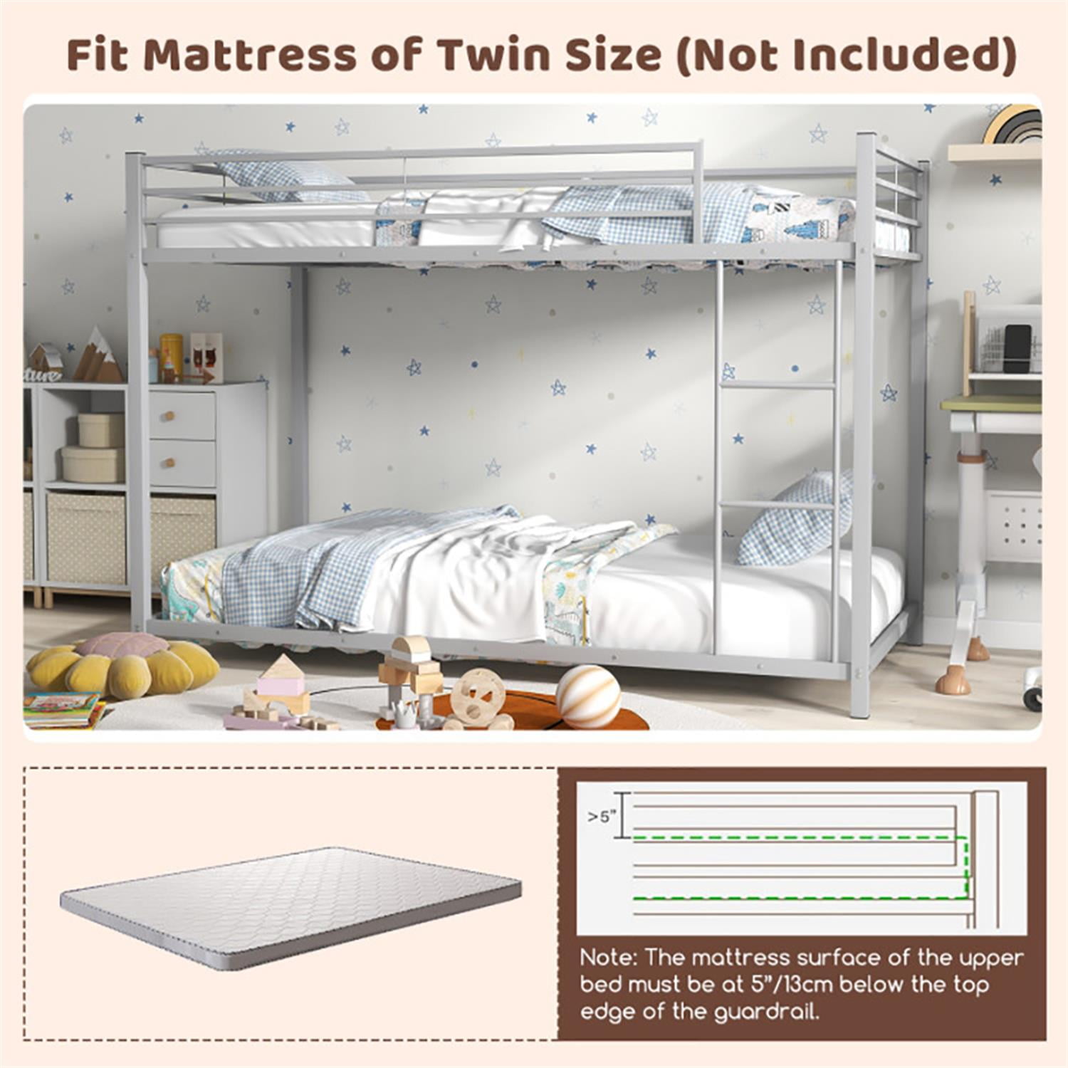 Demi Bonn Low Profile Twin Over Twin Bunk Bed with Full-length Guardrails, Sturdy Metal Twin Bunk Beds, Bed Frame, Silver