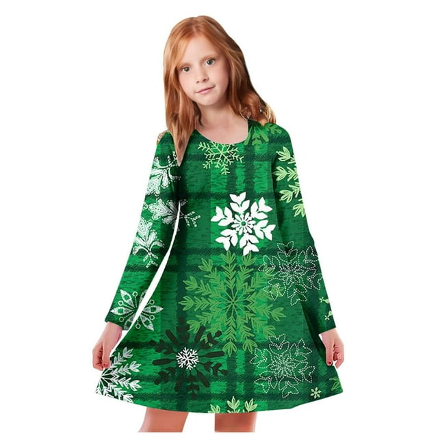 MIASHUI Robe de Fête Festive pour Filles avec Motif Enchanteur de Cerf et d'Arbre Imprimé Vert, 4-5 Ans
