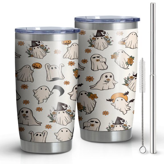 Hallween Ghost Cute Flower Spooky Tumbler with Straw, Ghost Cute Flower Spooky Stainless Steel Double Walled Vacuum Insulated Cup, Spooky Holiday Gifts for Women Men