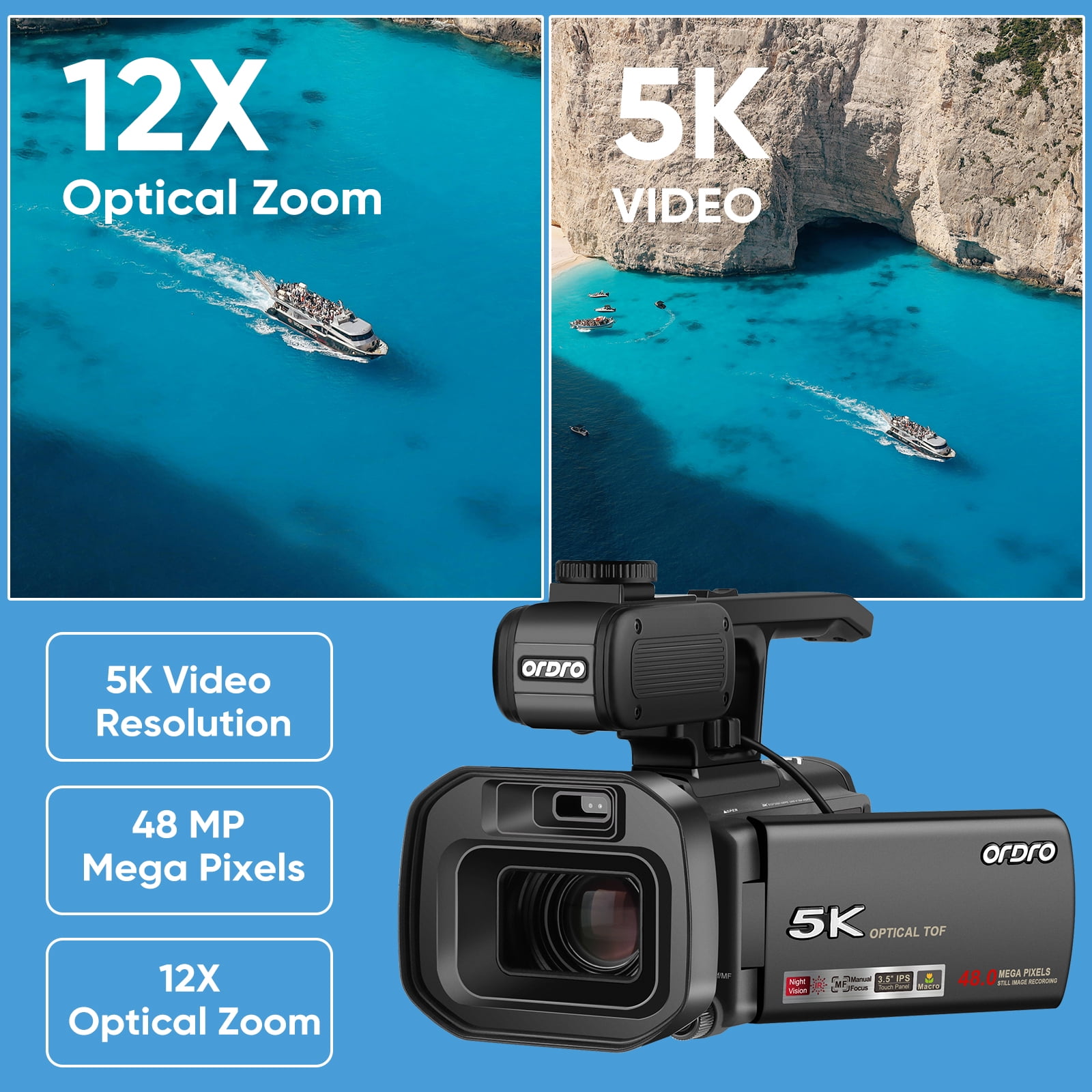 ORDRO Video Camera 5K 30FPS Camcorder 48MP Photo Vlogging Camera 12X Optical Zoom 3.5''Screen for Photography Youtube