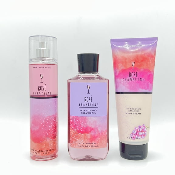 Bath & Body Works Rose Champagne 8oz Fine Fragrance Mist, 10oz Shower Gel and 8oz Body Cream 3-Piece Bundle