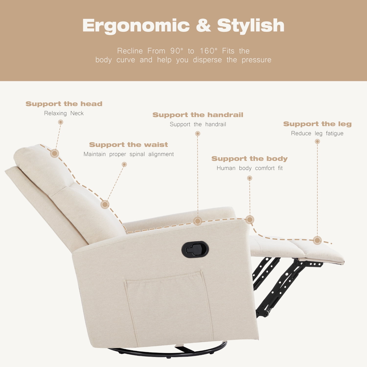 Luxurious Rocking Chair Nursery, Swivel Rocker Recliner for Comfort in Your Nursery, Living Room, and Bedroom, Beige