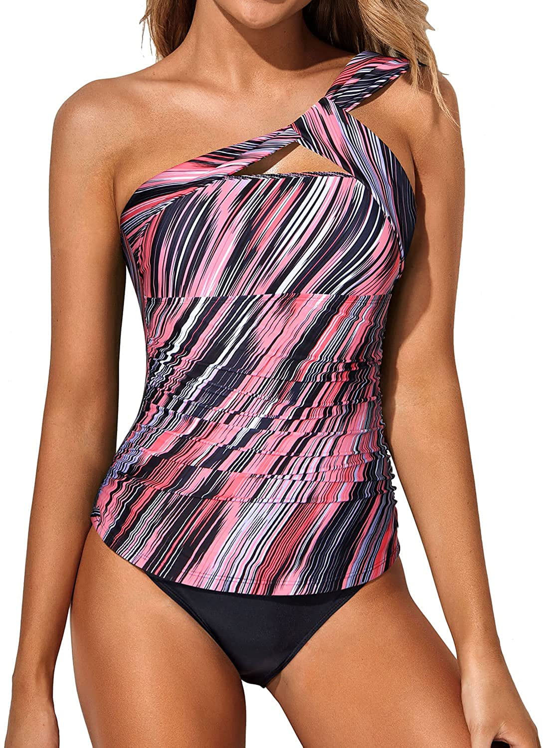 Tempt Me Two Piece Tankini Bathing Suits for Women One Shoulder Swim Top with Shorts Swimsuits