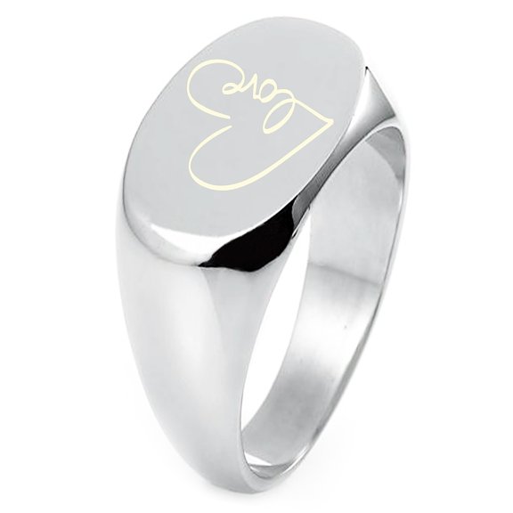 Sterling Silver Love Heart Calligraphy Engraved Oval Flat Top Polished Ring