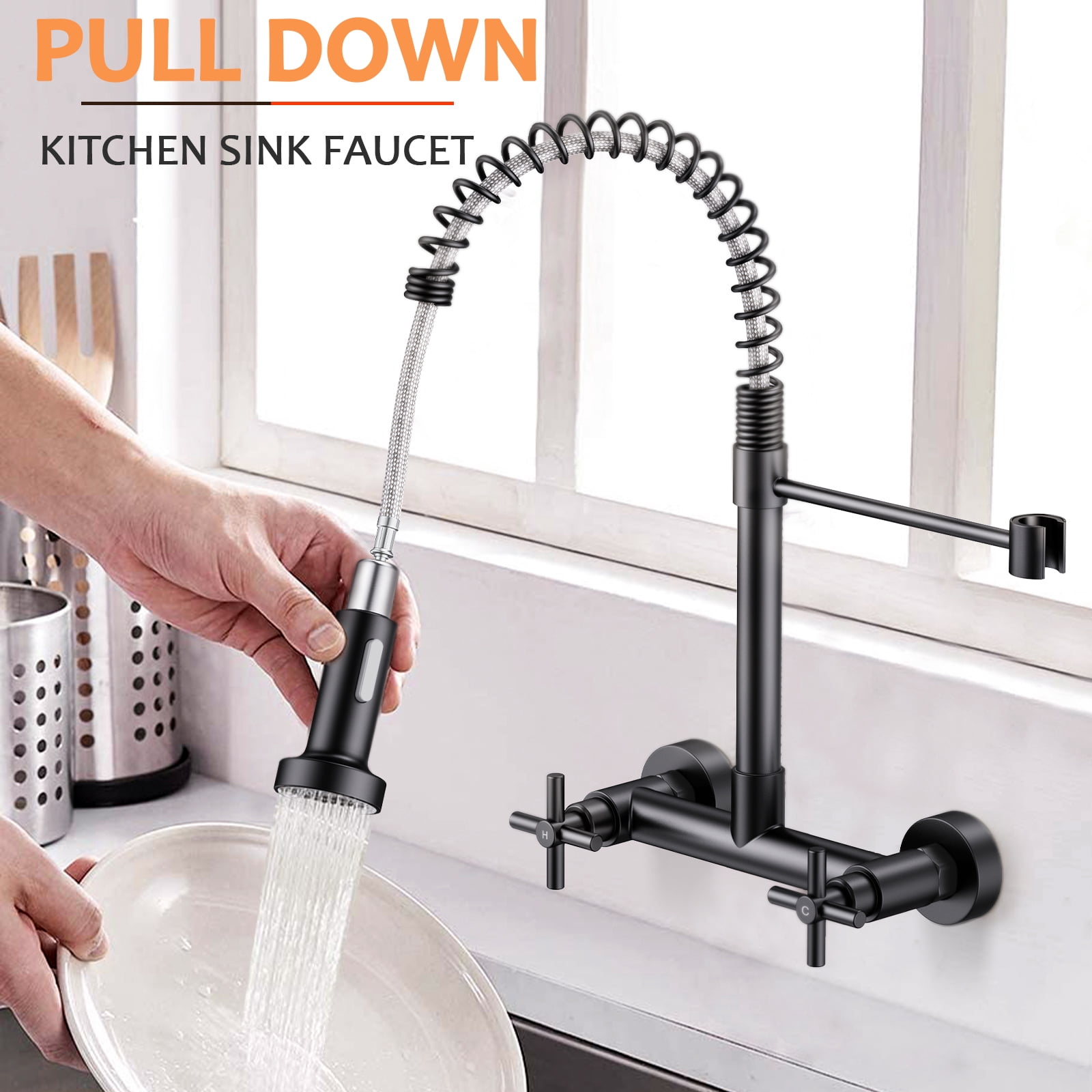 KINGTACK Wall Mount Kitchen Faucet,8 inch Commercial Sink Faucet with Sprayer, Dual Handles Utility Sink Faucet for Kitchen Laundry Restaurant, Matte Black