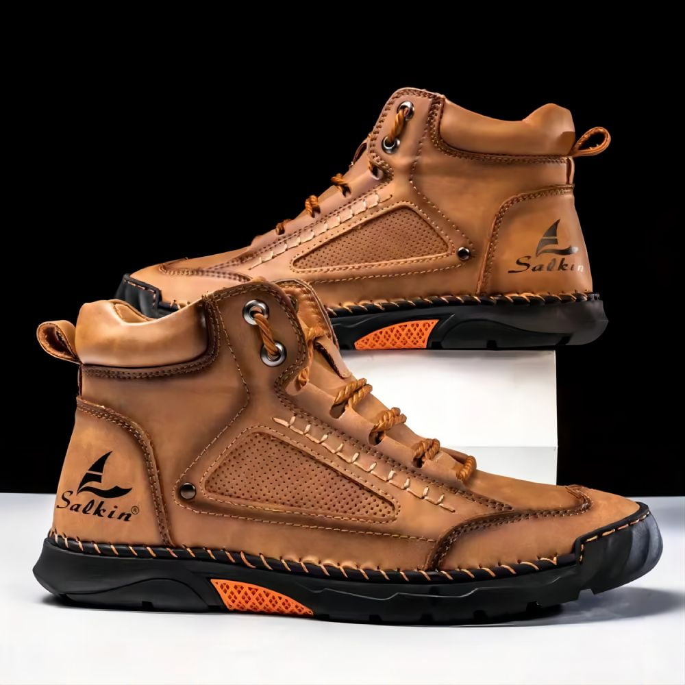 Men's Casual Leather Boots Handmade Lightweight Breathable Anti-slip Impact-resistant Sneakers Chukka Hiking Loafers Shoes Brown 10.5 US