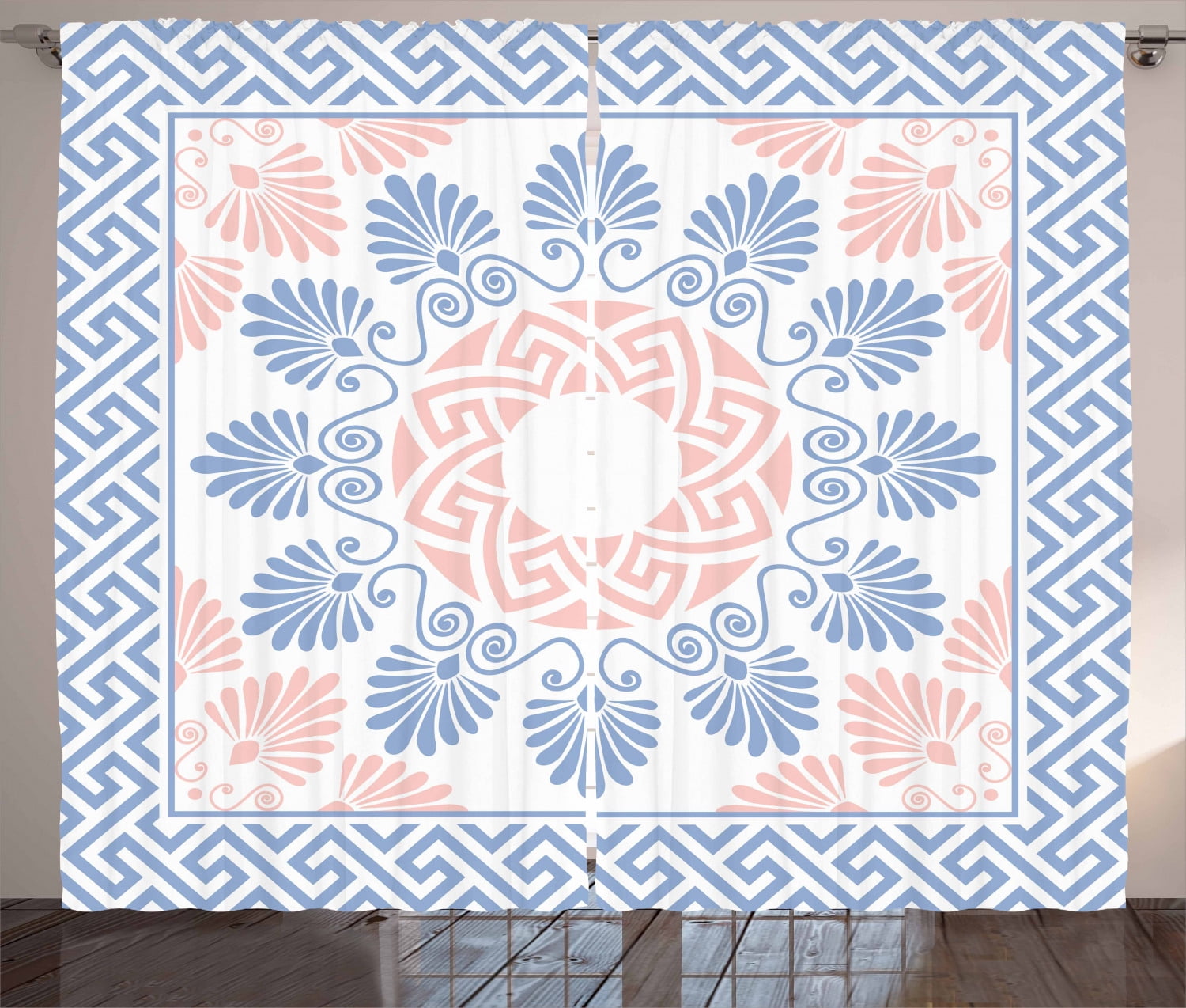 Greek Key Curtains 2 Panels Set, Pastel Pink White and Blue Round